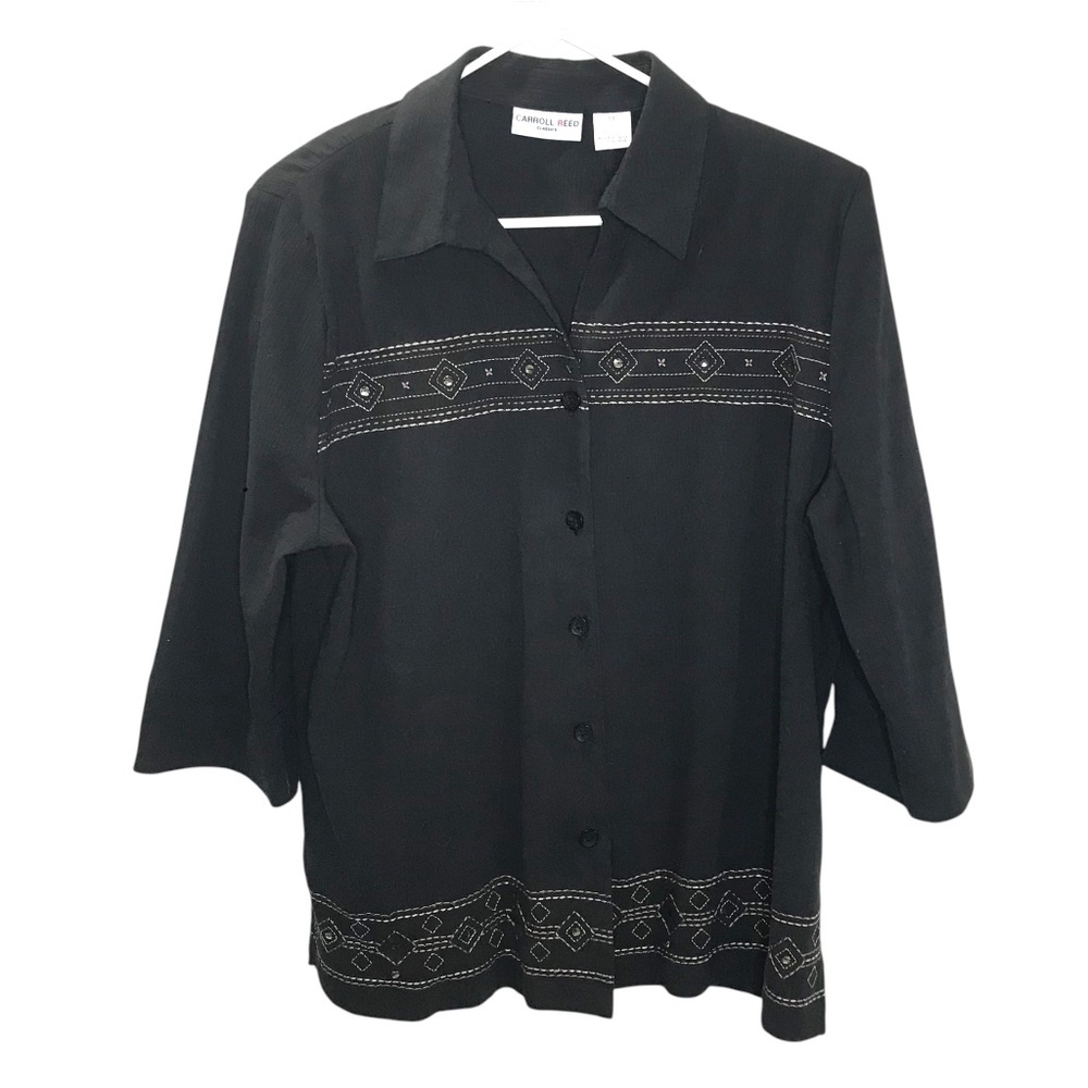 Carroll Reed Black Embroidered Button Front Blouse 3/4 Sleeve Size XL